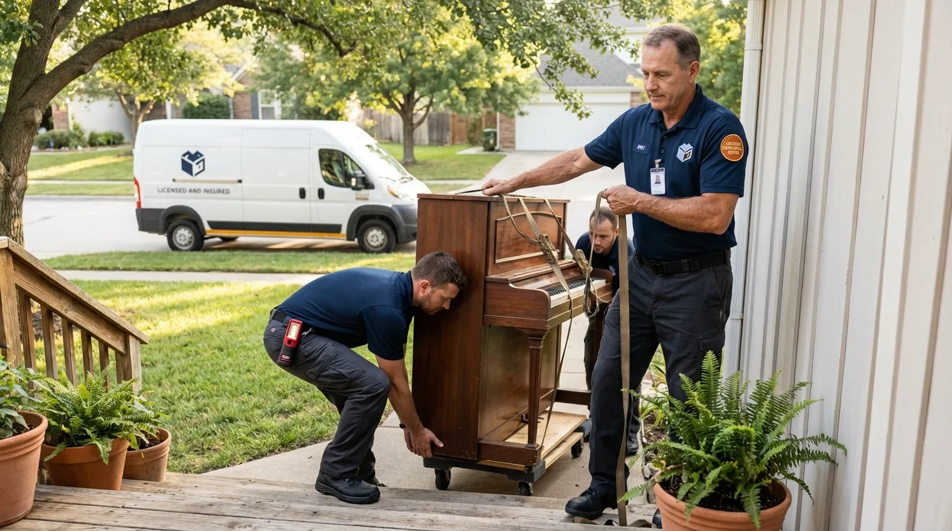 Licensed piano movers securing grand piano in Bridgeport, CT
